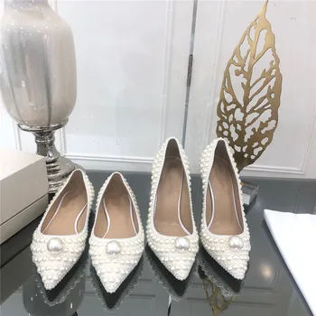 

Quality Genuine Leather Top Women's Sandals New Wedding/Party Sweet White Pearl Decoration Slip-on Shallow Ladies Flats/Heels