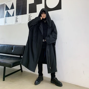 

Men Oversize Loose Casual Black Hooded Long Trench Coat Male Women Streetwear Gothic Windbreaker Jacket Overcoat Cloak