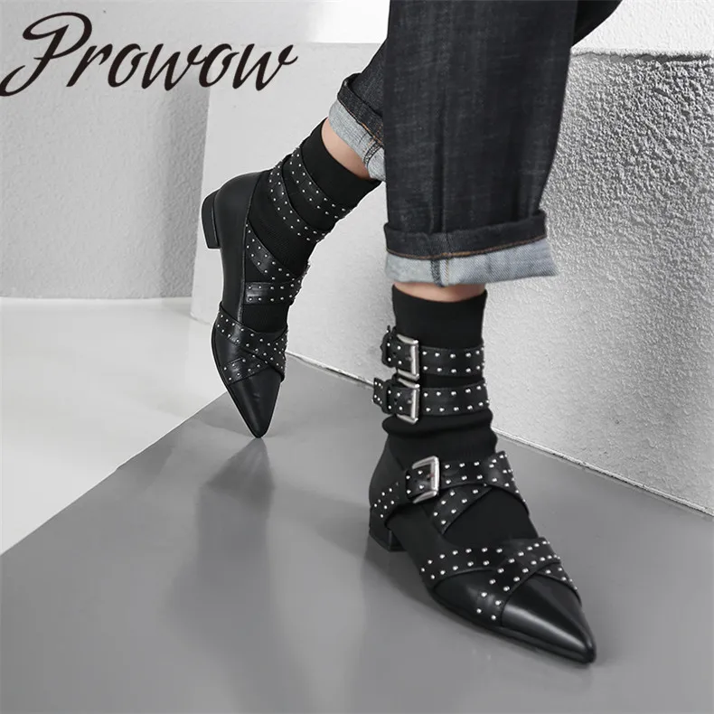 

Prowow New Genuine Leather Metal Studded Ankle Punk Boots Sexy pointed Toe Buckle Strap Cool Winter Boots Shoes Women
