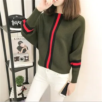 

Hot Sell Korean style 2020 spring new bat sleeve sweater contrast color striped pullover loose knit Jumper