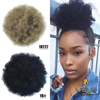 

LANLANShort Kinky Curly Drawstring Bun Afro Black Red African American Chignon Bun Hair Pieces with Clip Synthetic Buns