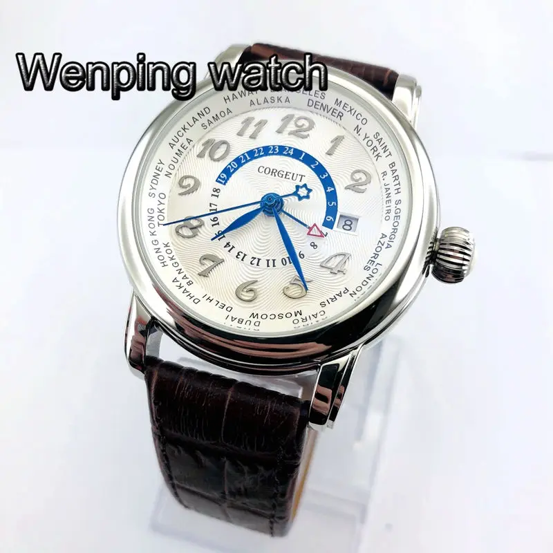 43 мм corgeut белый циферблат синий ручной GMT окно даты Автоматические Мужские Женские часы