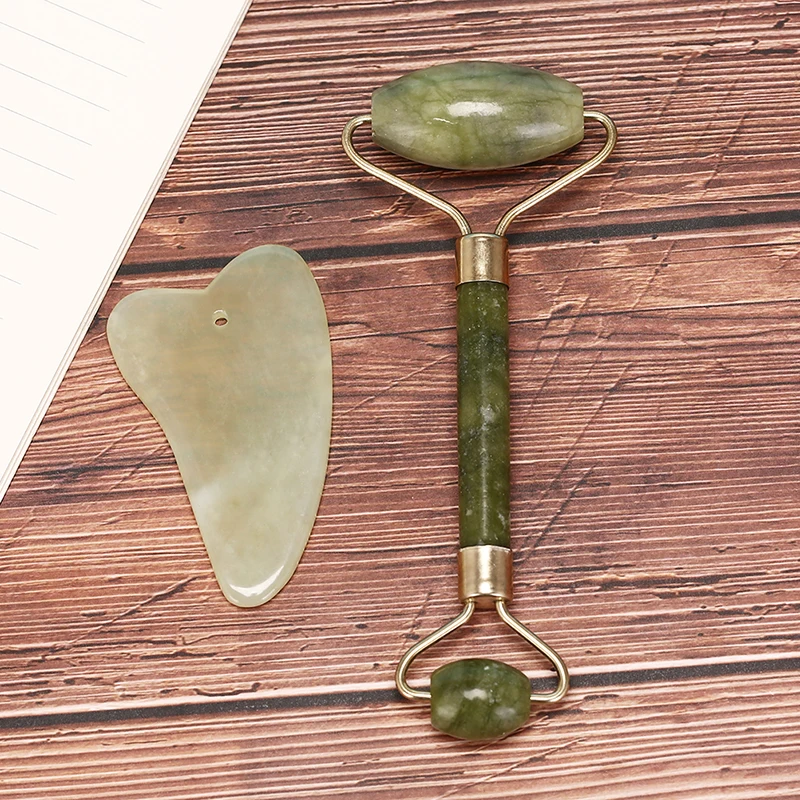 New 1 Set Women Natural Jade Guasha Face Thin Roller+Body Guasha Board Massager Stone Tool Health Care Relaxation