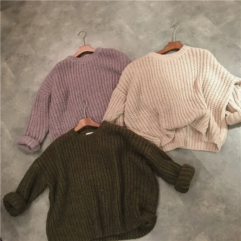 Осенне-зимний вязаный свитер в стиле ретро для женщин, свободный свитер большого размера с длинным рукавом, однотонный длинный теплый свитер, джемпер