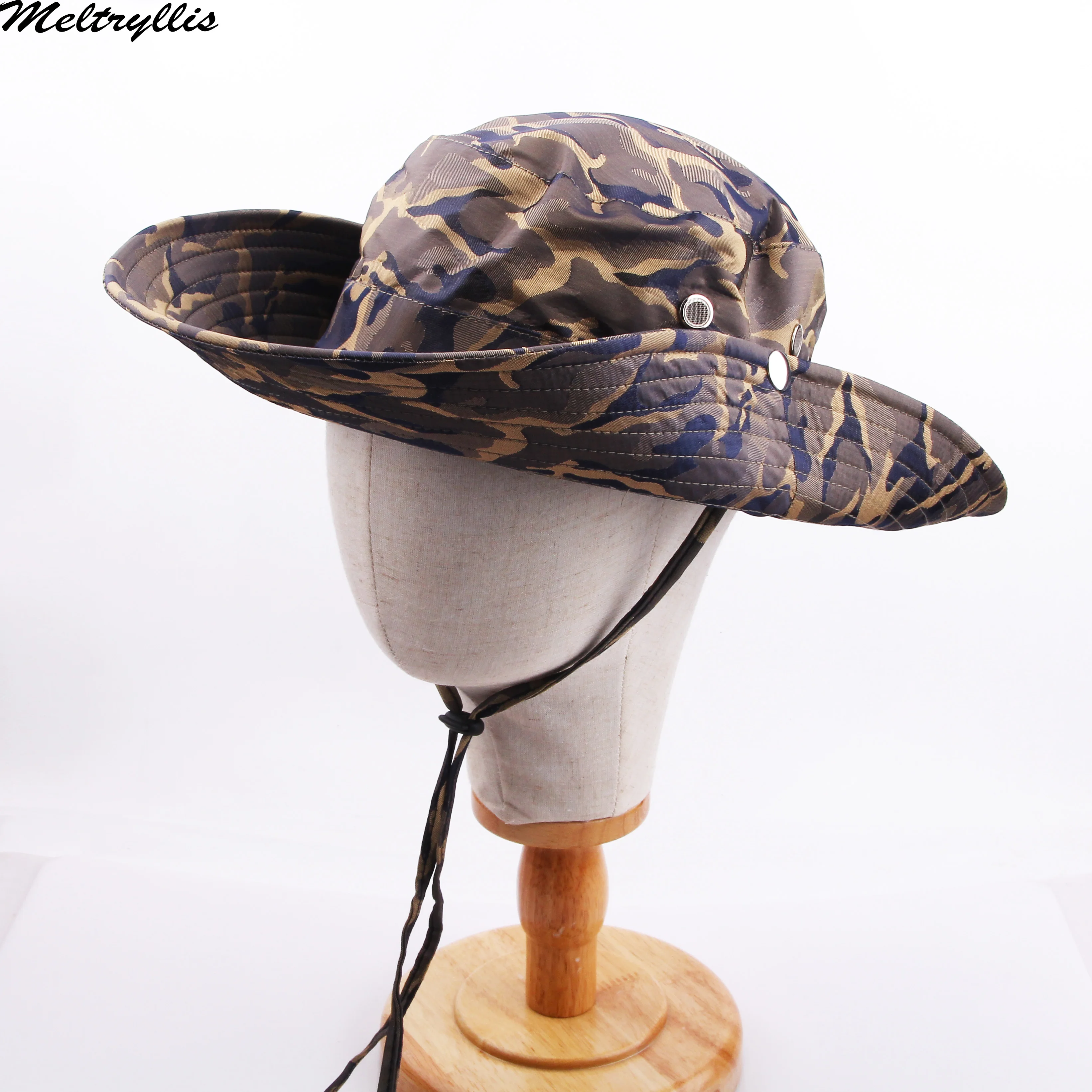 [Meltryllis] Модные Военные Панамы, летние мужские и женские камуфляжные Панамы с веревкой, рыбацкие кепки с широкими полями, шапки для кемпинга