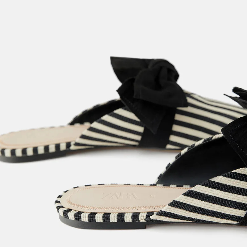 

Za19 Summer New Style Article Texture Decorative Bow Closed-toe Slippers Women's Flat Flower Mules Shoes Outer Wear Fashion Slip
