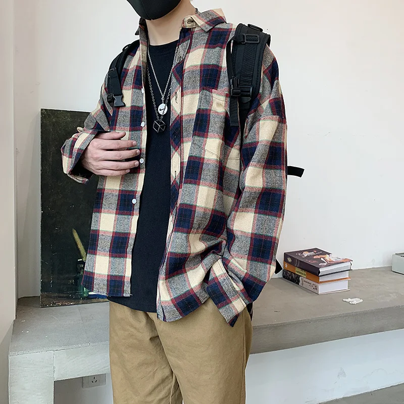 

Autumn Plaid Shirt Men Fashion Retro Cotton Casual Shirts Man Streetwear Wild Loose Long Sleeve Shirt Men M-2XL