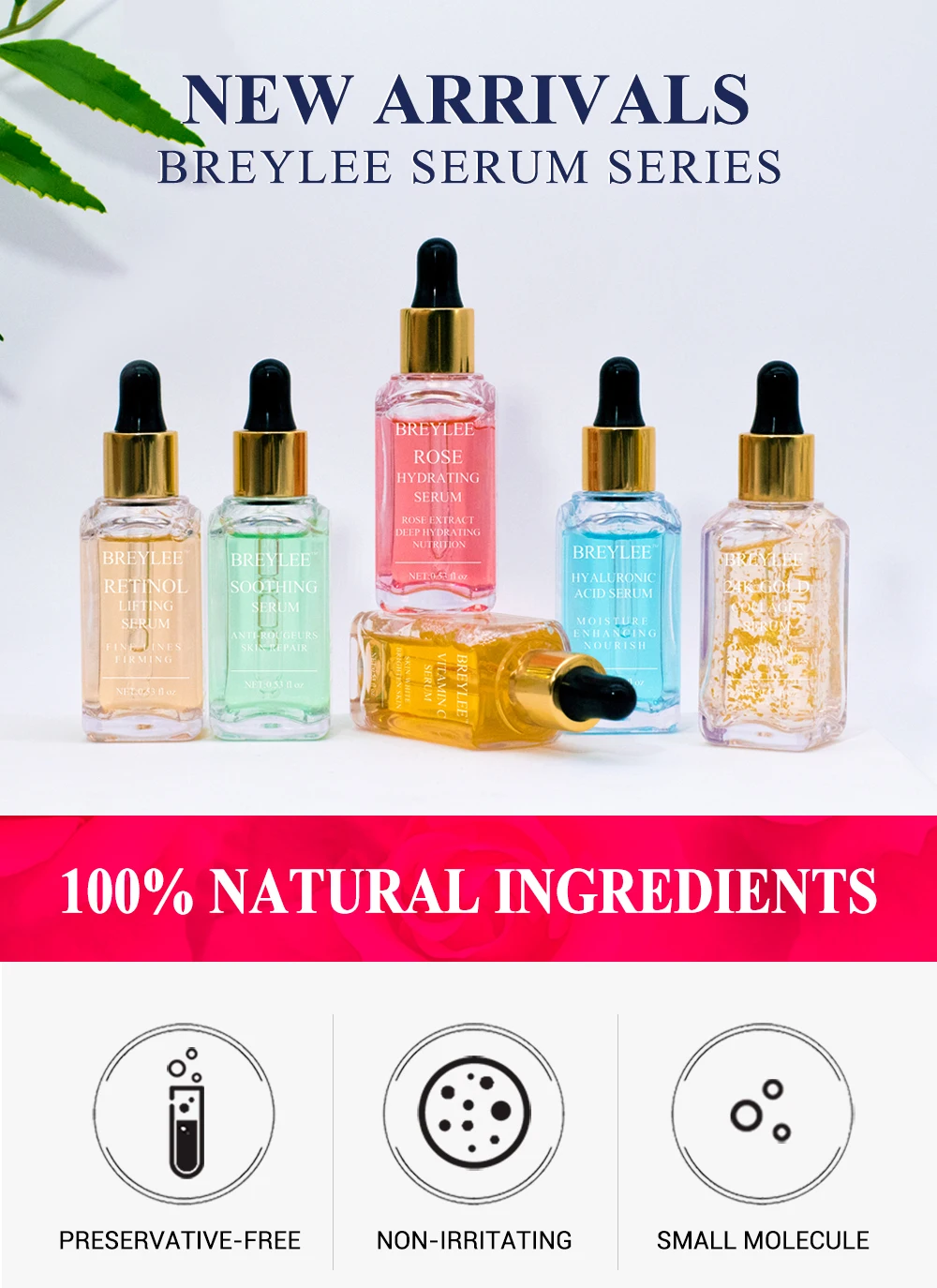 BREYLEE Serum Series Vitamin C Hyaluronic Acid  Rose Repair Face Skin Care Nourish Firm Soothing Whitening Essence 1pcs