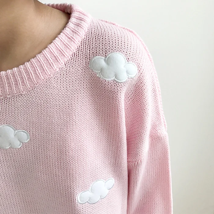 Женский свитер Kawaii Ulzzang в винтажном стиле для колледжа, свободный свитер с облаками, Женская Корейская розовая плотная свободная одежда Harajuku для женщин