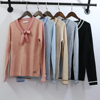 

Single Ribbon Collar Bow Comfortable Silk Wool Joker Round Neck Long Sleeve Slim Knitting Shirt Women's Top