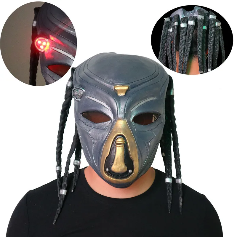 

New The Predator Cosplay Mask Helmet Infrared LED Type Antenna Latex Halloween Party Horror Face Head Mask with Long Hair