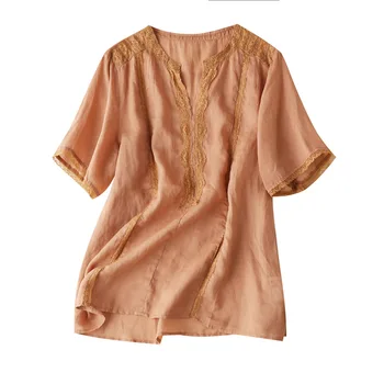 

Ramie V-Neck Patchwork Lace Women Summer Shirts and Blouses Summer Tops for Women 2020 Women's Things for The Summer