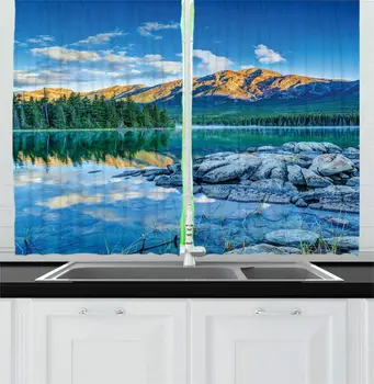 

Cobalt Blue Multicolor Outdoor Kitchen Curtains Pyramid Mountain with Fir Trees Their Reflection Lake Jasper Window Drapes