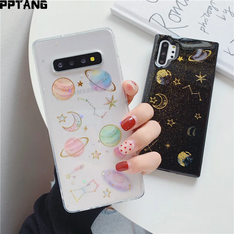 

Luxury Glitter Bling Stars Moon Case For Samaung S10 10plus Clear Planet Phone Cases Soft TPU Back Cover For Samsung A50 70 S20