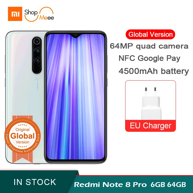 Xiaomi Redmi Note 8 Pro с глобальной версией, 6 ГБ ОЗУ, 64 Гб ПЗУ, смартфон, 18 Вт, быстрая зарядка, 64 мп, 4500 мАч, NFC