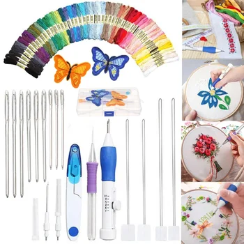 

KiWarm Magic DIY Embroidery Pen Knitting Sewing Tool Kit Punch Needle Set w/50 Threads Plastic+Steel Home Decoration Ornaments