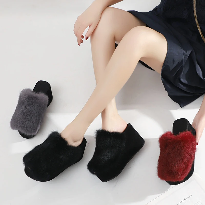 Hair slippers women's autumn plus-bottom high heel sloping outside wearing net red muffin wool fur slippers rabbit shoes