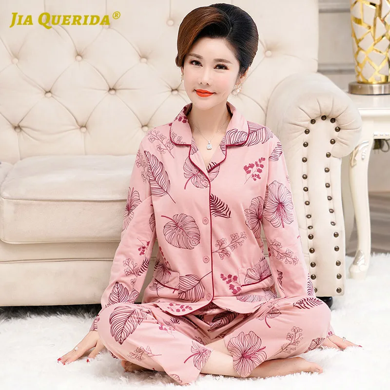 Plus Size Spring Pajamas Women Turn Down Collar Long Pants Homesuit Homeclothes Pyjamas Women Fashion Style Plus Size Pajamas