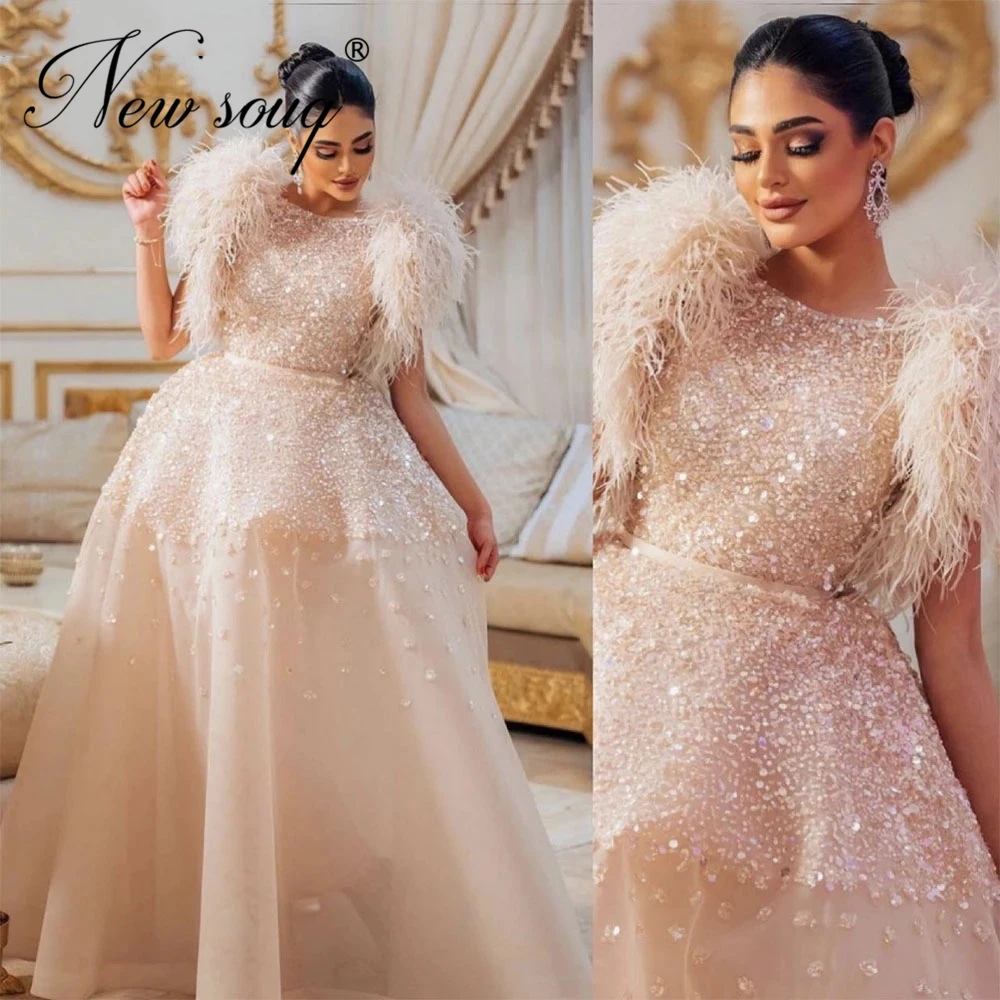 

Muslim Feathers Evening Dresses Saudi Arabia Beaded Formal Prom Dresses A Line Red Carpet Runway Gowns 2021 Robes De Soiree