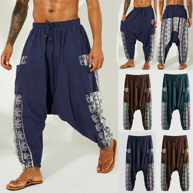 HOT Fashion New Men's Ethnic Boho Wide Leg Pants Casual Loose Lantern Pants Yoga Casual Collage Cultural Sports Activities Pants