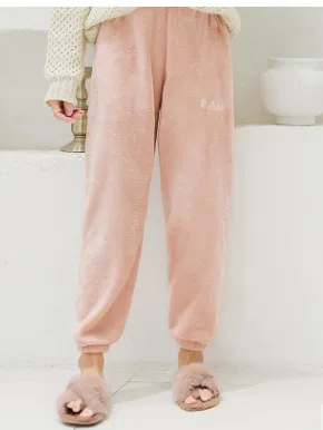 Женские сплошные слипы для сна, низ с эластичной резинкой на талии, штаны для сна, одноцветные длинные штаны для зимы - Цвет: Розовый
