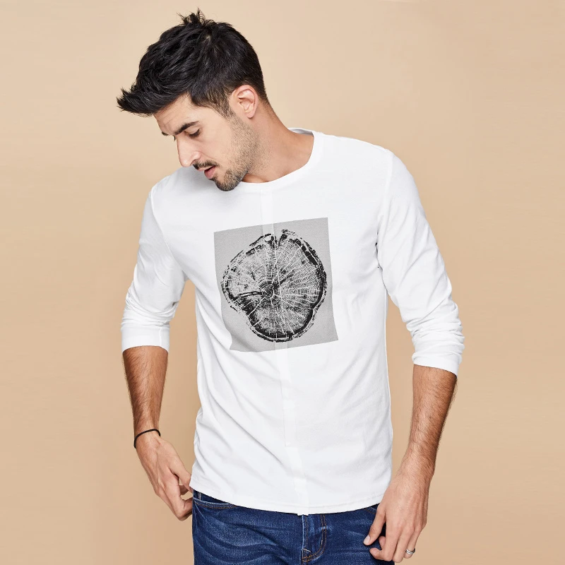KUEGOU Осенняя хлопковая Простая белая футболка с принтом, Мужская футболка, брендовая футболка с длинным рукавом, футболка, модная одежда, топ 0325