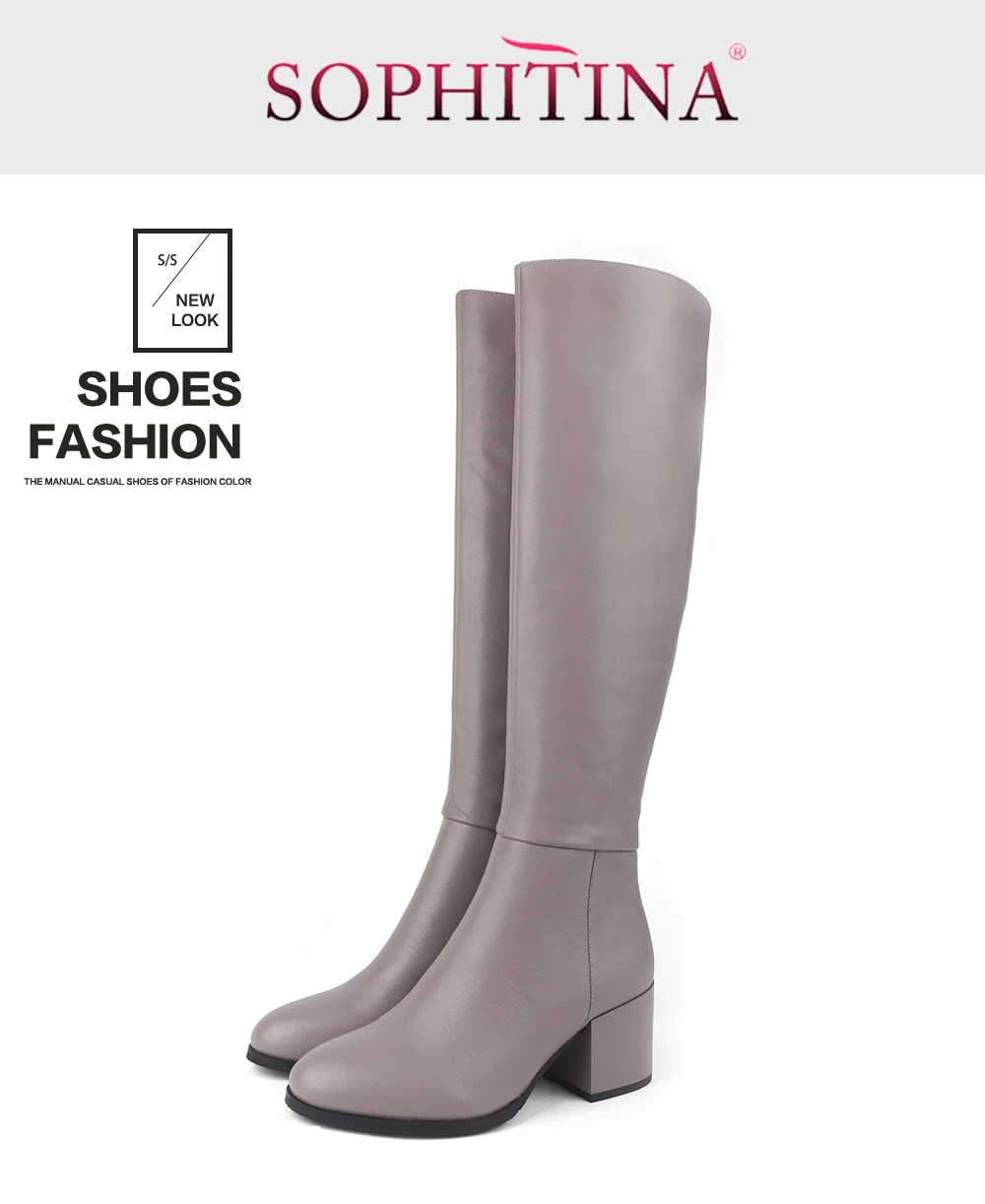 SOPHITINA Round Toe Boots Fashion Solid High Quality Genuine Leather Square Heel Comfortable Shoes New Women's Boots PC203