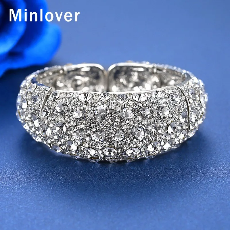 Minlover высокое качество Золото Серебро Цвет широкие Открытые Браслеты для женщин Кристалл Свадебные манжеты Регулируемый браслет украшение MSL424