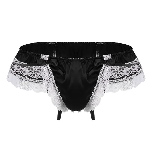 Sexy Men Sissy Panties Shiny Soft Satin Lingerie Double Layers Floral Lace Back with Big Bowknot Low Rise Bikini Thong Underwear compression knee high stockings