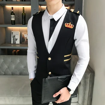 

Solid Color Small Crown Embroidery Man Fashion Slim Fit Vest Nightclub Hairstyle Division Vest man New Arrival Chaleco Hombre