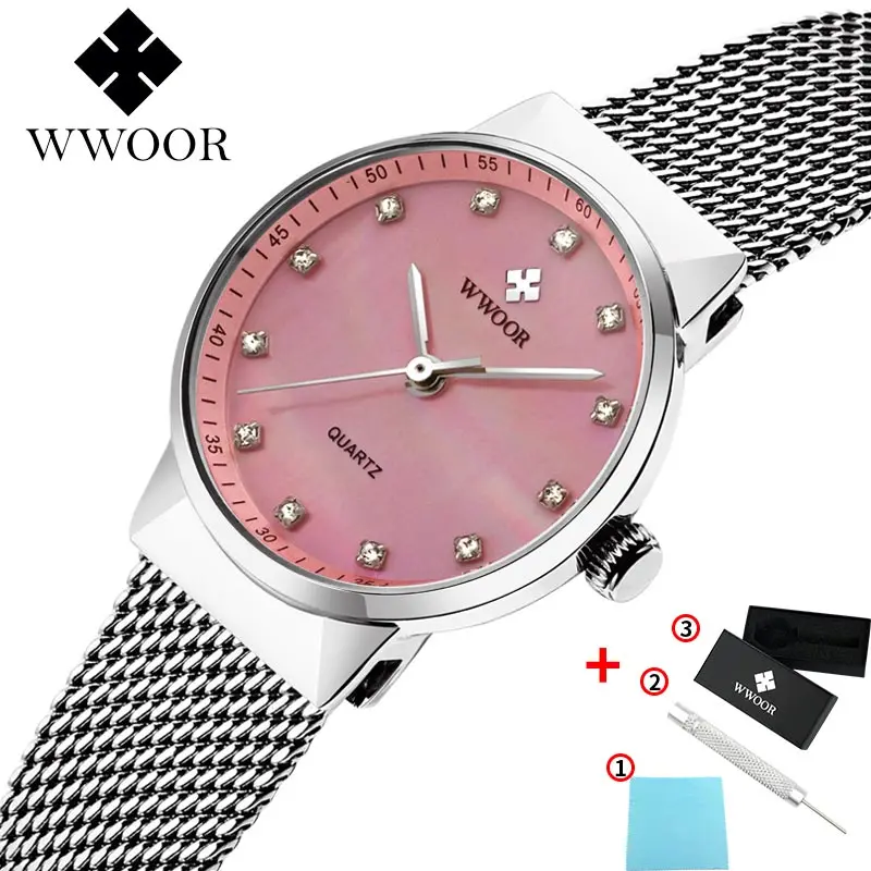 Топ бренд часы Женское платье WWOOR роскошные золотые стразы водонепроницаемые