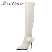 Meotina/Зимние Сапоги выше колена; женские сапоги с высоким голенищем из натуральной кожи на тонком каблуке; женская обувь на очень высоком каблуке на молнии; Размер 39