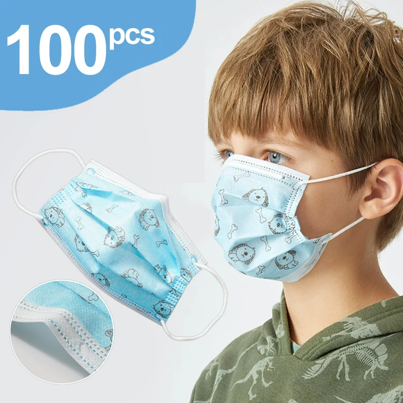 

50/100Pcs Child Kids Disposable Face Masks 3 Layer Anti-Dust Pollution Masks Fabric Meltblown Dustproof Cartoon Dog Cat Mask