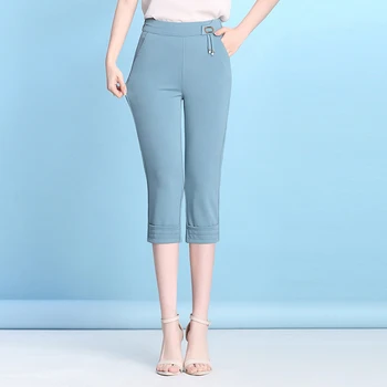 

Women Summer Capri Pants Comfortable High Elastic Waist Casual Pants 2020 New Fashion Ladies Elegant Plus Size Stretch Pants