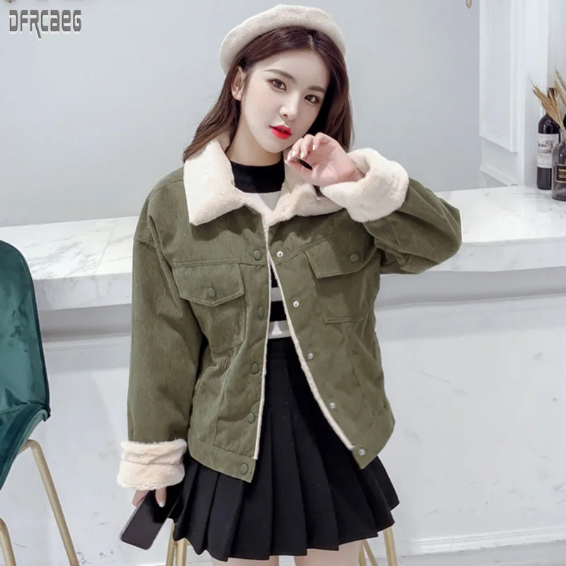 

2019 New Winter Autumn Winter Thicken Women's Corduroy Basic Jacket Long Sleeve Elegant Coat Khaki Lambswool Bomber Jacket Femme