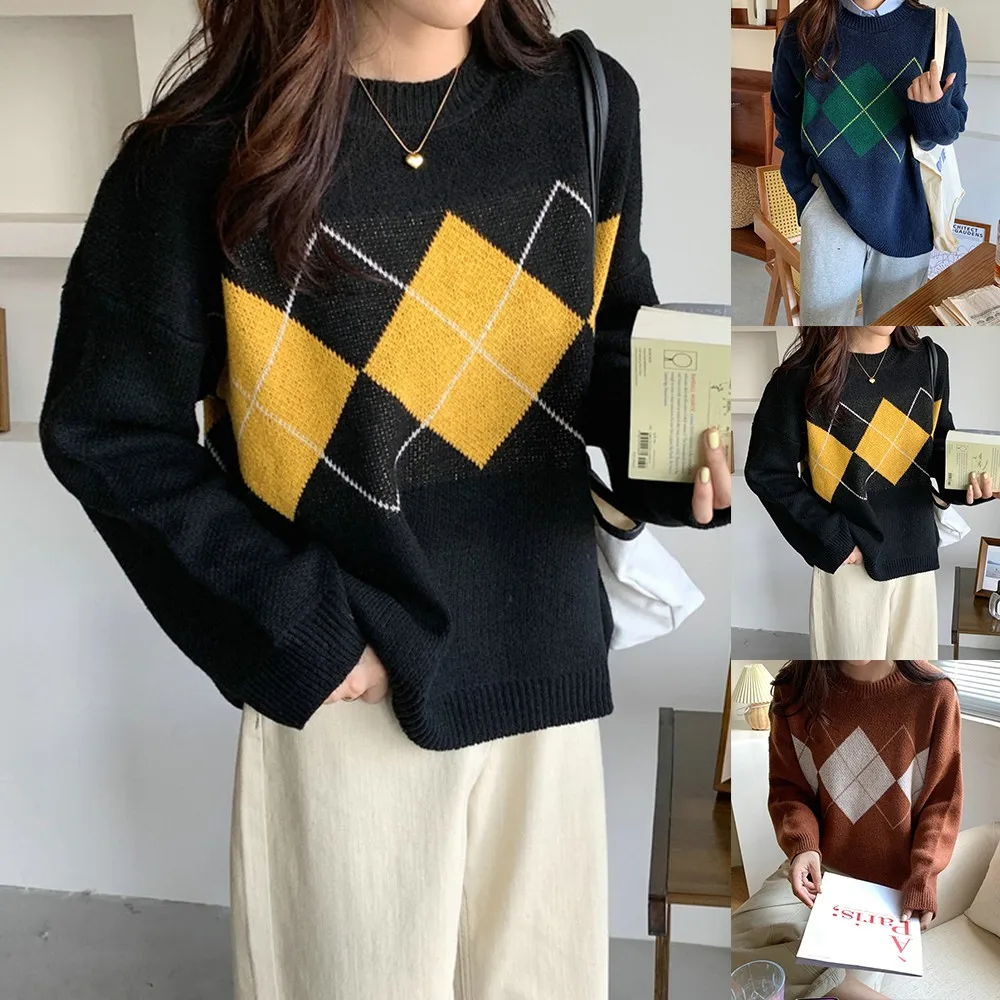 Women Korean Autumn Winter Long Sleeve O-neck Classic Argyle Sweater Knitted Warm Casual Pullovers Back To The Basics Jumper Top long sweater