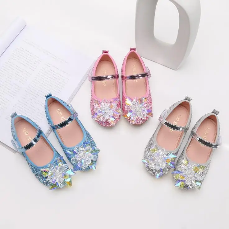 

Детские туфли JY для девочек с блестящими кристаллами, туфли на плоской подошве для принцесс, розовые, серебристые, синие, 24-35 танцевальная обувь для вечеринки GZX04