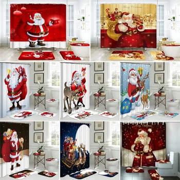 

Non-Slip Mat Toilet Lid Cover Christmas Rugs Christmas Elk Santa Claus Waterproof Bathroom Shower Curtains Set Bath Curtain