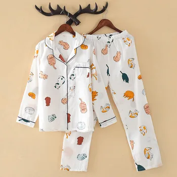 

New ladies 100% cotton long sleeve pants ladies pajamas suit cute cartoon printing Japanese style simple pajamas home service