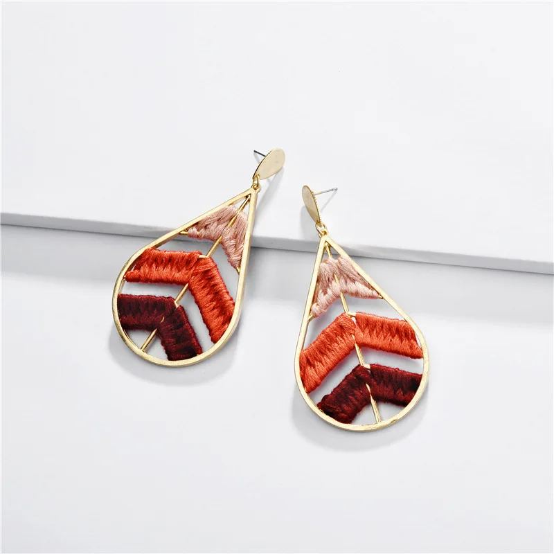 BOHO Handweave Three Colors Cotton Thread Teardrop Earrings Colorful Thread Hollow Leaf Drop Earrings for Women Ethnic Jewelry