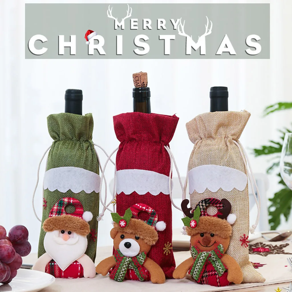 

2020Christmas Table Decor Dinner Party Red Wine Christmas Santa Tree Bottle Cover Bag Sets Bottle Decor for New Year Xmas A30104