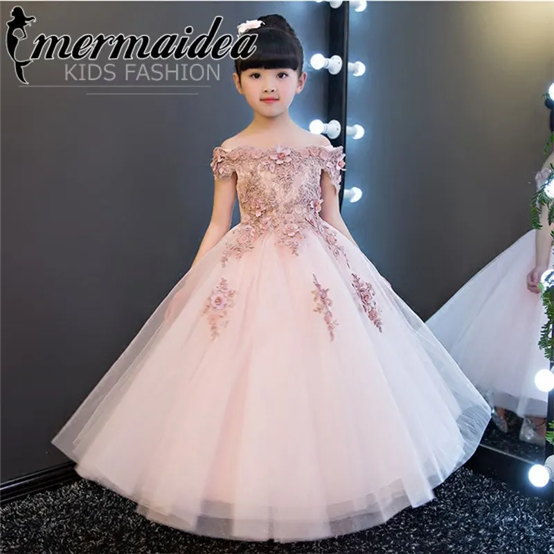 Новинка; популярное длинное платье принцессы с вышитыми цветами для девочек; цвет винный, красный; детское кружевное платье принцессы на свадьбу; подарок - Цвет: long dress