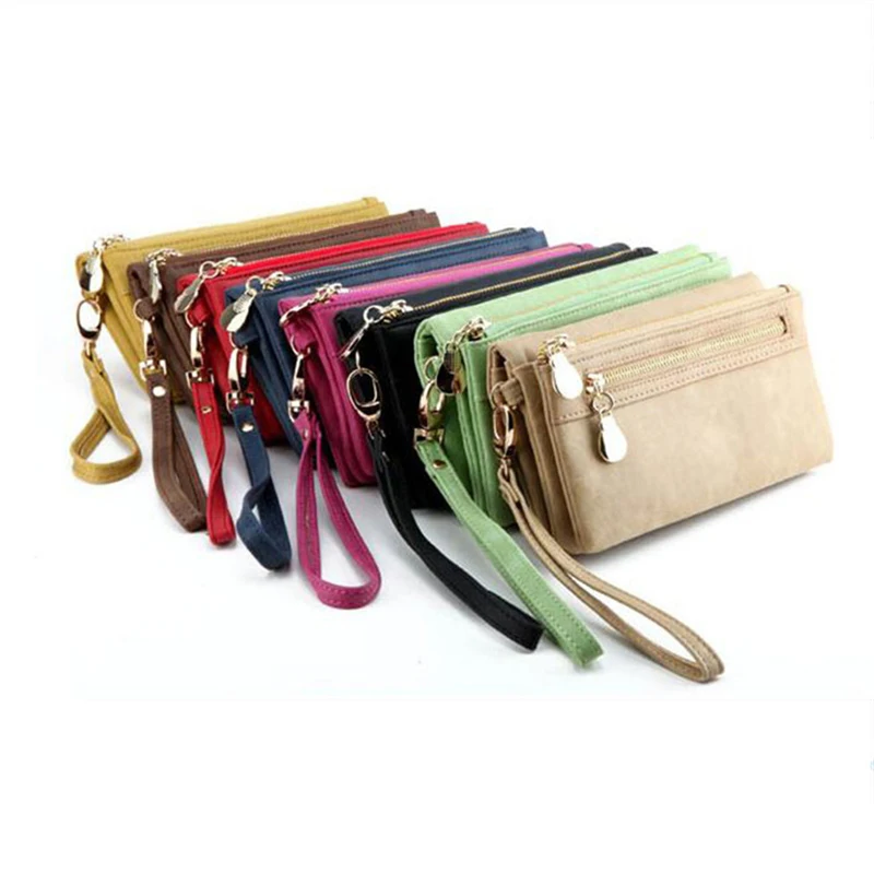 Fashion Women Wallets Dull Polish Leather Wallet Double Zipper Day Clutch Purse Wristlet Portefeuille Handbags Carteira Feminina