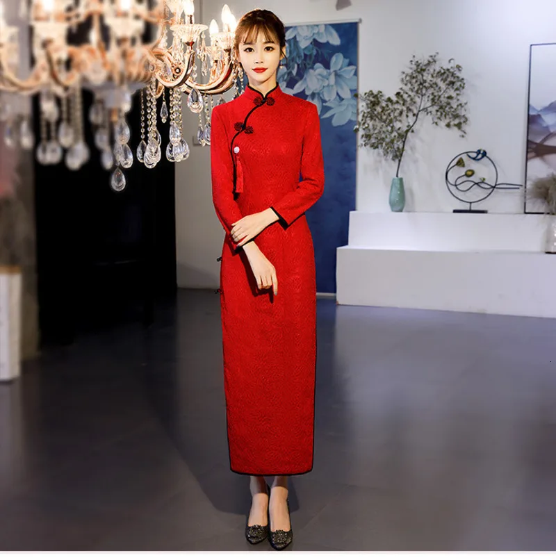 Sheng Coco с длинным рукавом Кружева китайские платья Cheongsam свадебное платье традиционное вечернее платье женская Новогодняя одежда осень