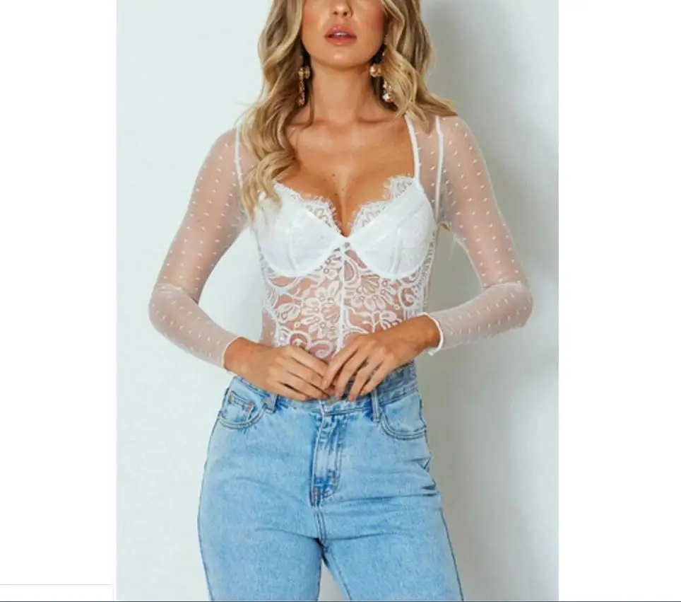 Women's Solid Color Tight Lace Long Underwear One-piece Underwear Sexy Sexy Lingerie Club Mesh One-piece Top Jumpsuit - Цвет: Белый