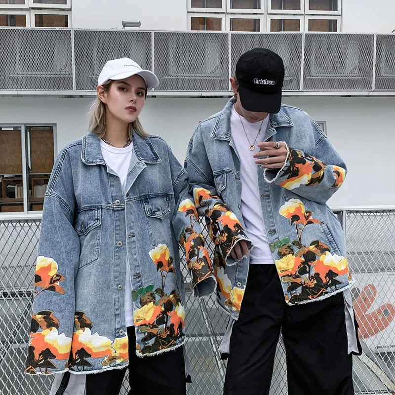 UNCLEDONJM джинсовые куртки с цветочным принтом для мужчин s High Street Distressed джинсовая куртка пальто мужские и женские хип хоп Уличная#1992