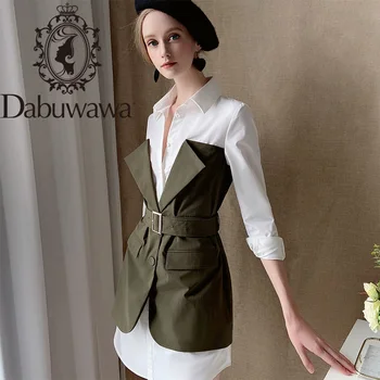 

Dabuwawa Patchwork Dress Female Autumn Turn-down Collar Long Sleeve Sashes Pocket Workwear Dresses Office Lady DT1CDR010