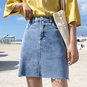 

Casual High Waist A Line Denim Skirts Denim Skirt Women Summer Blue Solid High Street Pockets Button All-matched Jeans Skirt