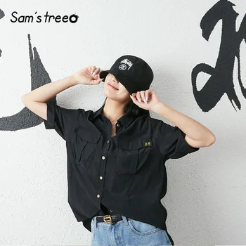 

SAM'S TREE Black Solid Single Chic Breasted Casual Women Shirts 2020 Summer Black Vintage Half Sleeve Korean Ladies Daily Tops