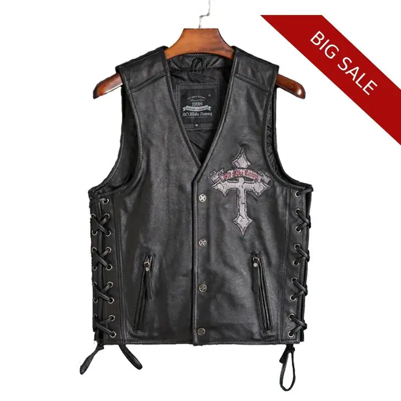 

2020 Black Men Skull Embroidery Genuine Motorcycle Leather Vest Real Cowhide Slim Fit Short Biker's Leather Vest Large Size 4XL